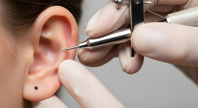 Ear piercing procedure with gloved hand and piercing gun