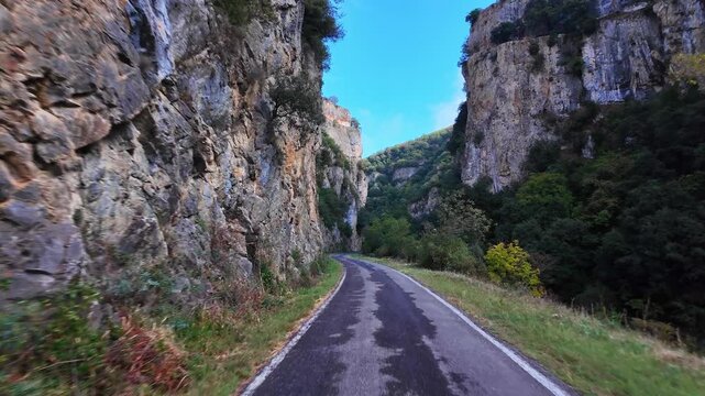 Driving through the Foz de Binies canyon in the Aragon Pyrenees. Spain in Europe.