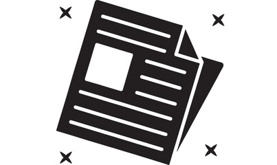 Newspaper icon with folded page and article layout, bold black silhouette symbol for news media, journalism, press release, headline concept in flat design