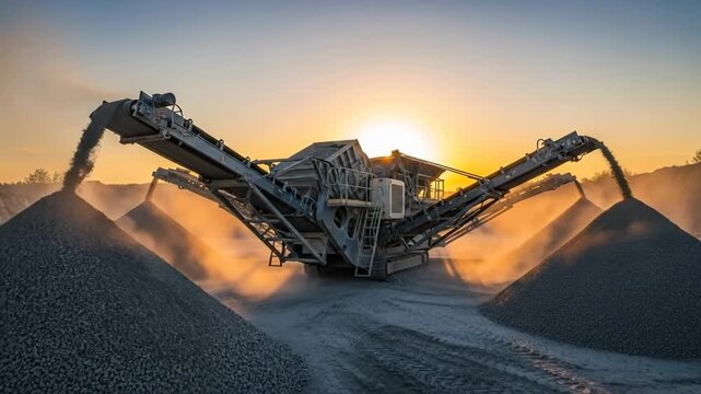 Industrial crusher machine is processing gravel at a quarry during sunset, creating piles of material.