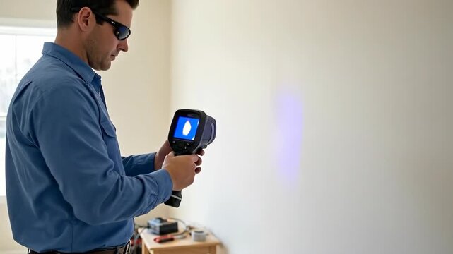 Man using a thermal camera to detect pest activity in a home, showing hot, then blue, then blue thermal indicators