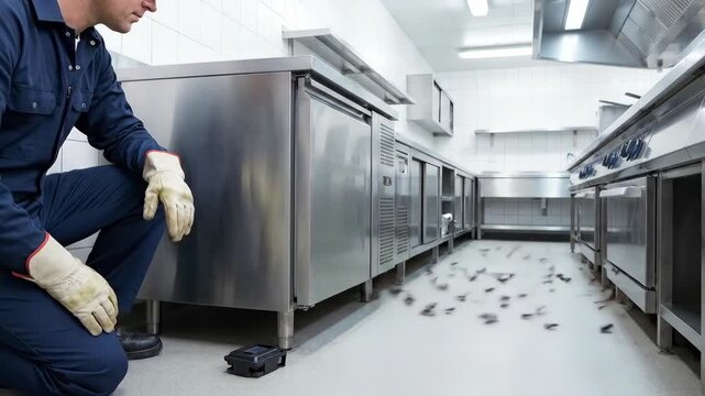 Man placing pest trap in kitchen, showing an infestation of insects, and a clean commercial kitchen after pest control.
