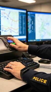 Close up of a female police officer working at a computer in a dispatch center, monitoring maps and emergency data on multiple screens in a law enforcement office.