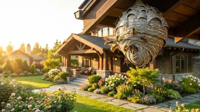 Wasp nest and home with garden at sunset showing wasps flying with a beautiful yard. Pest control concept, insect removal.