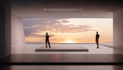Minimalist artwork people observing futuristic interior sunset landscape. Concept of modern architecture presentation, conceptual lifestyle visuals, technology branding, creative editorial backgrounds © Lustre Art Group 