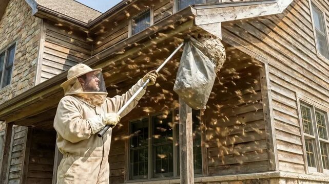 Professional pest control exterminator removing a large hornet nest from house eave with a bag for pest management