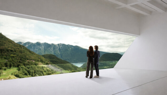 Calm composition couple standing in modern panoramic interior. Concept of lifestyle architecture, real estate promotion, travel inspiration, contemporary living visuals.