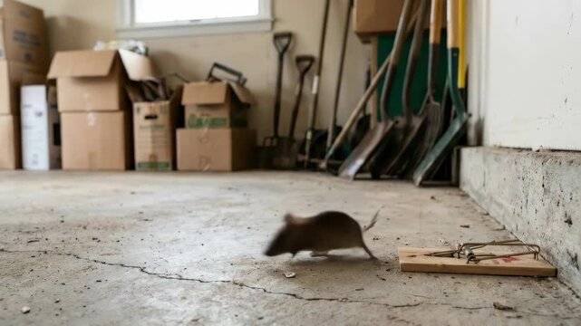 A mouse approaches a trap and is caught in a mechanical pest control device in a garage for rodent extermination