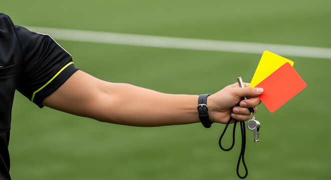 Referee holding yellow and red cards on a soccer field