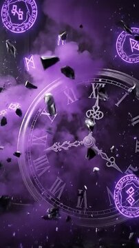 Shattering clock face with glowing purple magical runes and mystical smoke in a dark fantasy atmosphere representing the end of time or chronomancy.