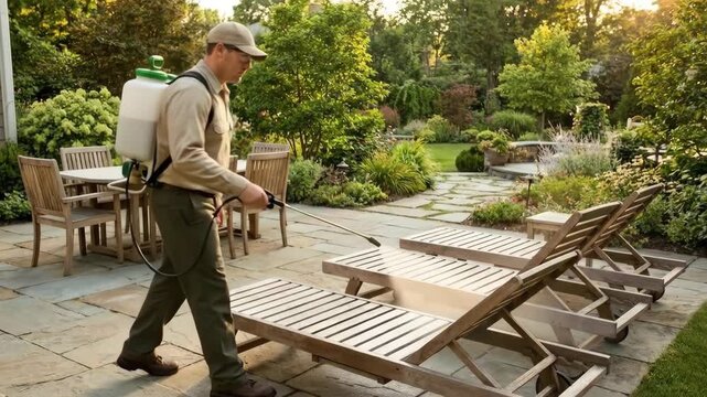 Man with a sprayer backpack cleaning outdoor patio furniture and combating pests in a beautiful garden setting
