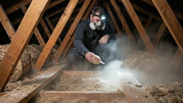 Man pest control worker in respirator using duster with powder for attic ceiling treatment. Professional insecticide application for home insect eradication.