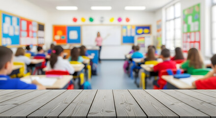 Obraz premium Elementary school classroom with students sitting at desks product display