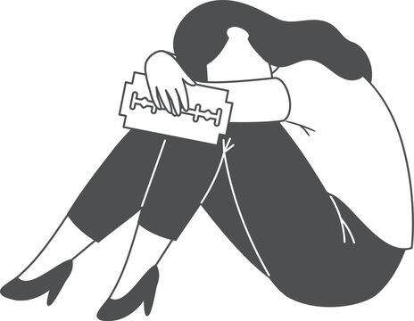 Woman hold razor blade. Self harm problem