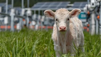 Obraz premium White calf standing in high green grass at a high-tech farm with smart fences and monitoring equipment under a bright and sunny sky.