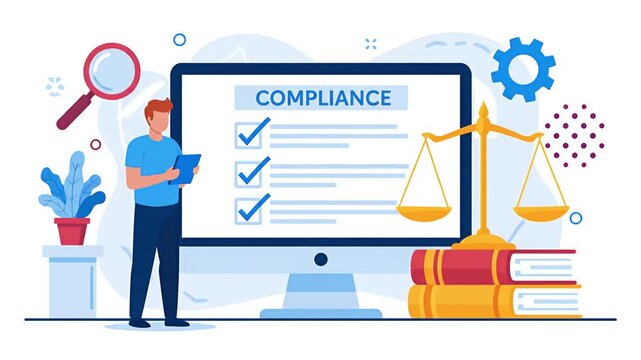 A character reviews a compliance checklist on a computer screen illustration business animated video
