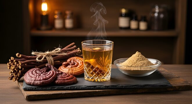 Glass of warm mushroom tea with reishi mushrooms, roots and powder on slate