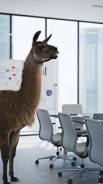 A brown llama standing in a modern corporate office meeting room with a whiteboard and chairs, surreal business concept of an animal in the workplace.