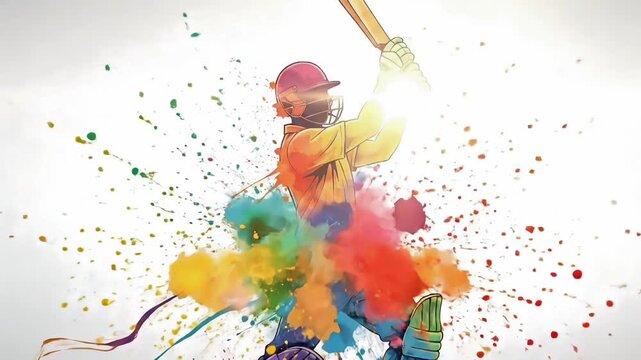Cricket batsman action illustration in colorful paint style showing powerful batting pose for world cup t20 ipl match video motion animated footage design animation