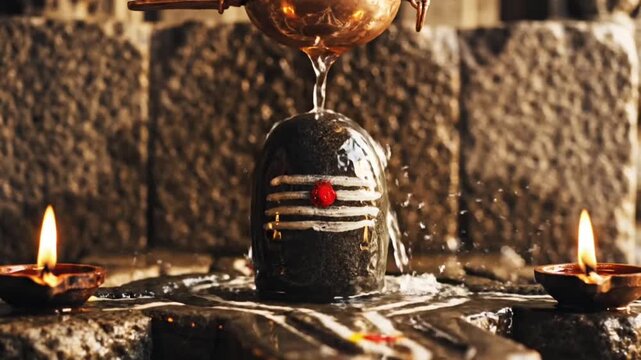 Shiva Linga inside stone sanctum with water dripping from copper pot for abhishekam ritual. 