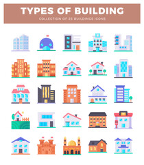 Fototapeta premium 25 flat building icons in a grid with diverse architectural styles