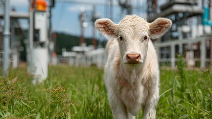 Obraz premium White calf standing in high green grass at a high-tech farm with smart fences and monitoring equipment under a bright and sunny sky.