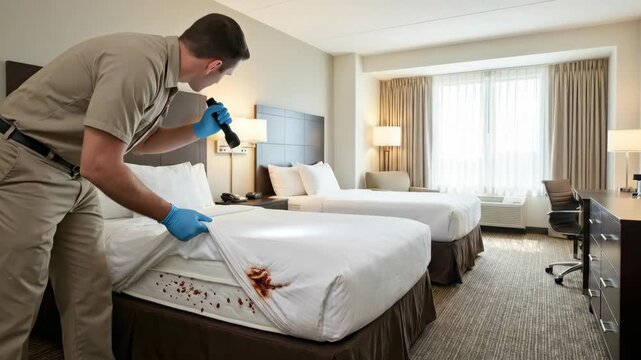 Exterminator inspecting mattress for bed bugs and pest infestation in a hotel bed with a flashlight