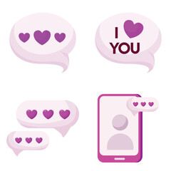 Valentine's Day Pink and Purple Vector Flat Icon Set. Social Media Chat, Love Messages, and Romantic Conversation Hearts App Notifications
