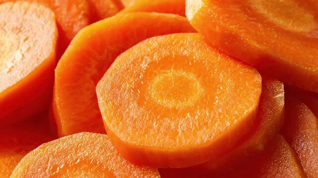 Closeup of bright orange circular carrot slices stacked in a pile