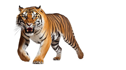 Obraz premium A Striking Bengal Tiger Striding Forward Across a Dark Background with Open Mouth