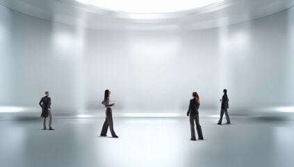 Fototapeta premium Minimalist poster people exploring vast white interior with quiet curiosity. Concept of modern architecture, real estate launch, collaboration, innovation mindset, clean corporate visual storytelling.