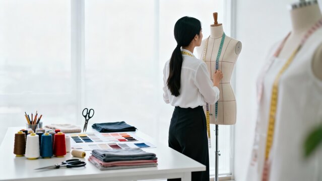 Female Dressmaker Fitting Muslin On Mannequin, Pinning Bodice And Checking Balance Lines With Tape Measure, Quiet Atelier Atmosphere Focused On First Sample Drape And Fit