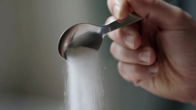 A close-up of a hand holding a spoon, gracefully pouring white refined sugar with crystals falling into a stream, symbolizing a low-sugar lifestyle. This image promotes sugar reduction and