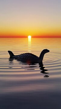 A mythical sea monster or plesiosaur swimming in calm ocean water during a golden sunset with ripples and reflections