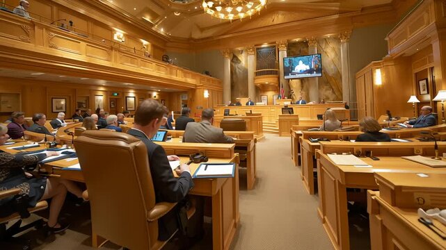 Medium-wide shot of a legislative chamber with people seated at desks reviewing documents, quiet concentration, warm wood tones, institutional and non-partisan atmosphere