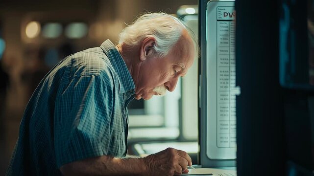 An elderly man is sitting in front of a computer monitor, his face serious. Older voter completing a ballot at a privacy booth, calm focus, clean editorial look, balanced lighting