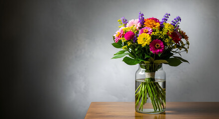 Naklejka premium A colorful bouquet of flowers in a clear glass vase on a wooden table