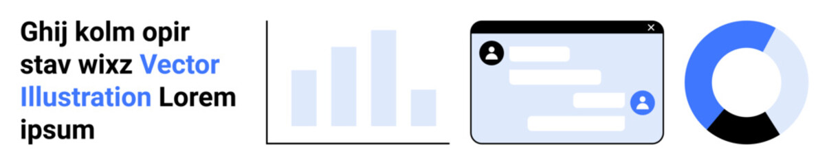 Fototapeta premium Data , business analytics, communication tools, user interfaces, progress tracking, data processing. The design includes graphs, chat interfaces and a circular chart. Data ation and business