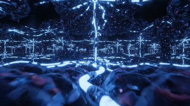 Abstract digital network with glowing blue lines and fragmented geometric shapes in a dark, futuristic environment