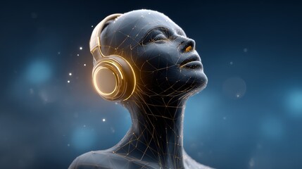Obraz premium Glowing geometric human head with golden wireframe lines and modern headphones, radiating energy waves in a calm deep blue cosmic background filled with distant stars