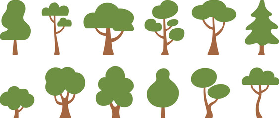 Stylized flat green tree illustration set, minimal cartoon forest trees collection, modern nature foliage icons, isolated eco vector design