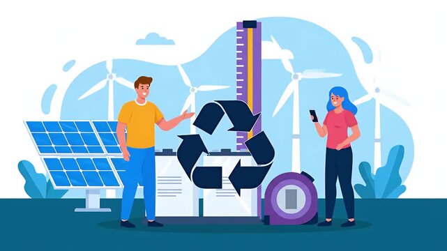 people showing renewable energy concept with wind power illustration business animated video
