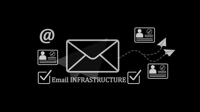 Email Infrastructure and Digital Communication Network Business Technology Icon Concept, with symbols on Dark background, and video animation.