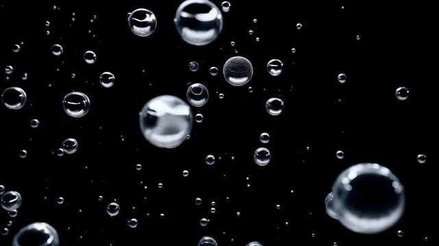 A video showcasing numerous clear bubbles floating in the air against a dark background