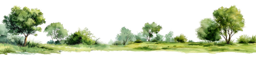 Fototapeta premium Watercolor Green Grass set: Panoramic landscape border with spring trees, natural grass clusters & wild foliage. Isolated greenery elements with organic texture on white background.