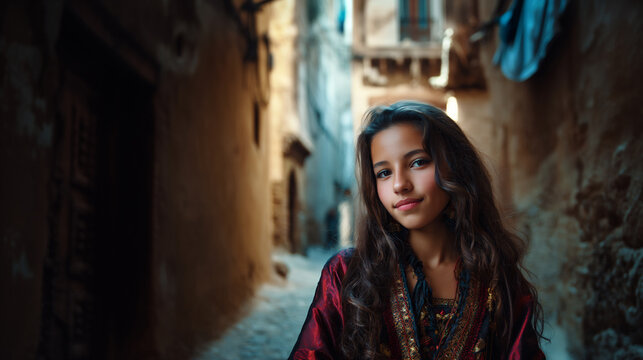 traditional algerian girl in karakou on historic street, young algerian girl wearing chedda in casbah, cultural portrait of a girl in algerian heritage dress
