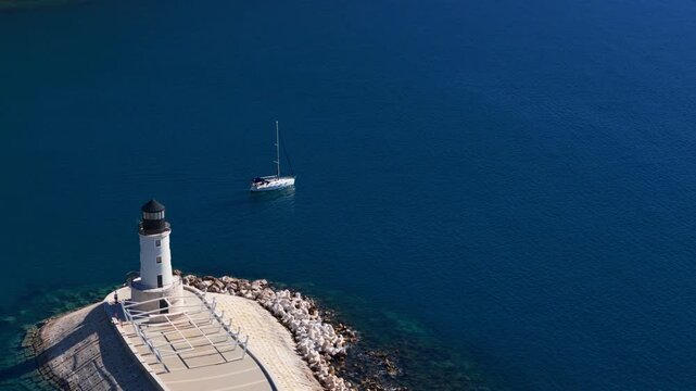 Aerial high angle shows white lighthouse on curved breakwater with rip rap and tetrapods as a white sailboat slowly crosses deep blue water in midday light.