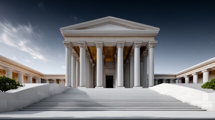 Obraz premium Ancient library of Alexandria featuring grand columns and steps, set against a clear sky with minimal clouds, showcasing classical architectural design and historical significance
