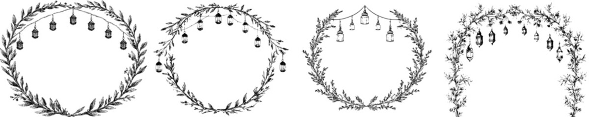 Obraz premium Antique, monochrome wreath with leaves and candleholders