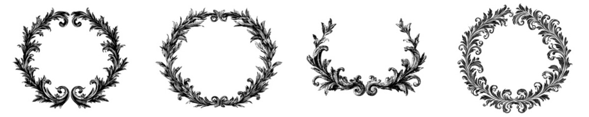 Elegant Black and White Wreath Design with Floral Decorations and Leaves